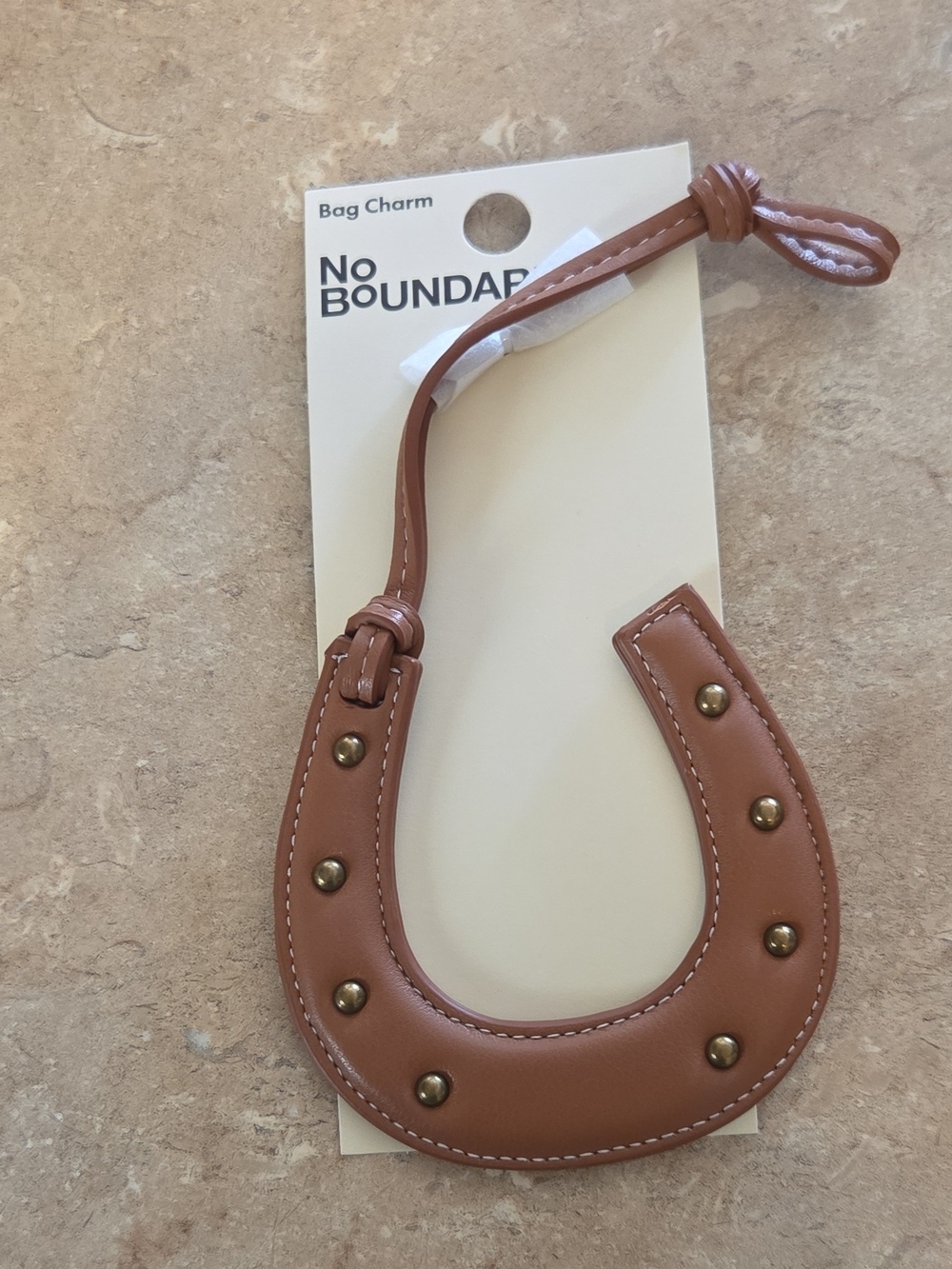 No Boundaries Tan Faux-Leather Horseshoe Bag Charm with Brass Studs